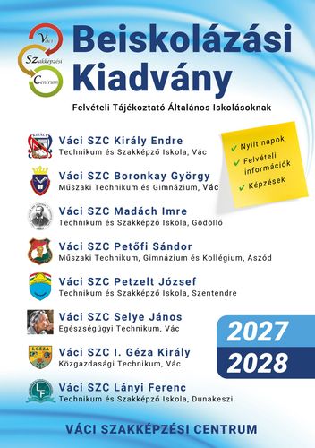 VSZC beiskolázási kiadvány címlapja, rajta az iskolák, a 2027/2028 évszám és egy sárga post-it, rajta szöveggel (nyílt napok, stb) Az oldal grafikai kerete egy világoskék örvény