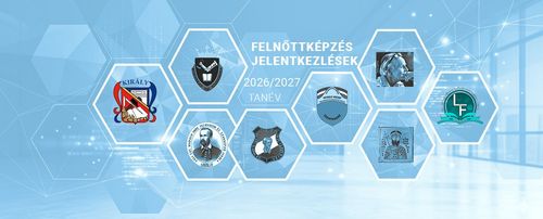 Absztrakt háttér dia a felnőttképzés jelentkezésekhez, rajta hatszögletű képkretek, mindegyikben egy iskola logója