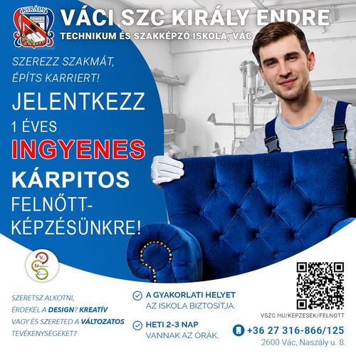 A Király Endre kárpitos felnőttképzés facebook hirdetése, rajta egy fiatalember egy luxusfotelt tart a kezében mosolyogva, mellette a szövegek