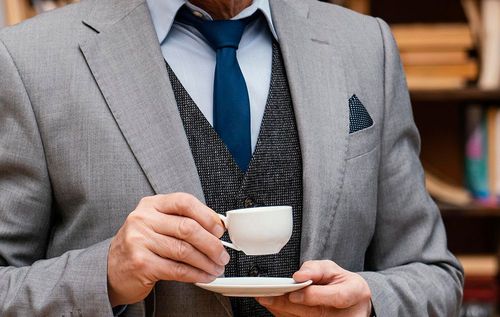 Egy öltönyös, nyakkendős középkorú férfi kávéscsészét tart alátéttel. Képkivágás: Csak a két kéz, kávéval.